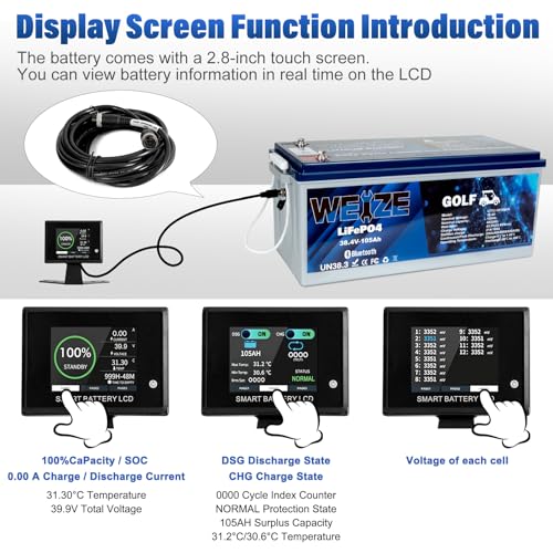 Image of WEIZE 36V(38.4V) 105AH Golf Cart Bluetooth LiFePO4 Battery (Replace 6x6V GC2) with 25A Lithium Batteries Charger, LCD Display, Grade A Cells, 200A BMS, Low-Temp Protection for Golf Carts, FCC listed