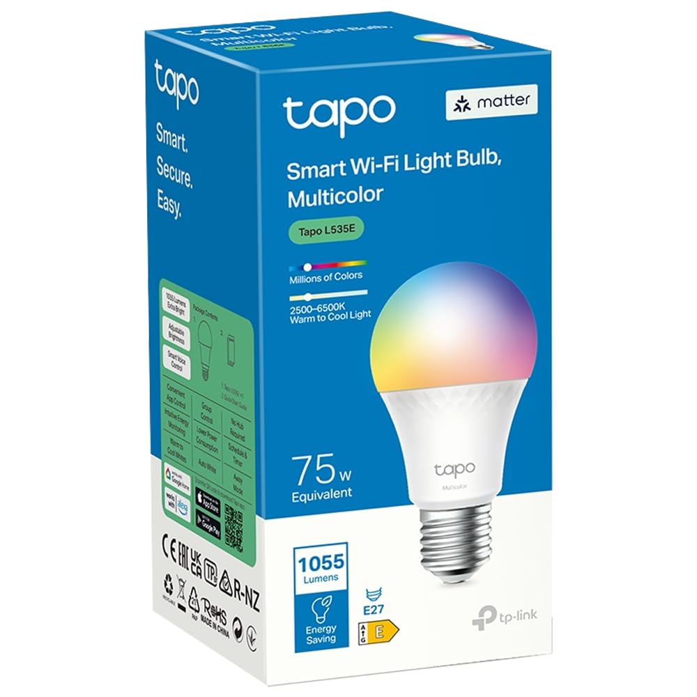 TP-Link Tapo L535E | Inteligentna żarówka Wi-Fi E27 RGB | Ściemnialna | 1055 lm | 11 W | Sterowanie aplikacją | Kompatybilna z Alexa i Google Home