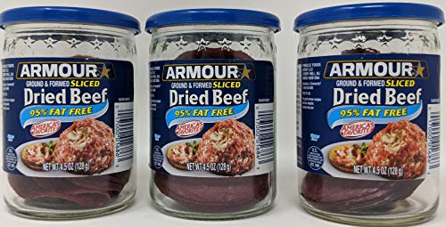 Armour Sliced Dry Beef Bundle - 3 x 4.5 Oz Jars of Armour Sliced Beef in a Jar, Glass Jarred Beef by Armour, Armour Fat Free Sliced Beef, Bundled with Recipe Sheet