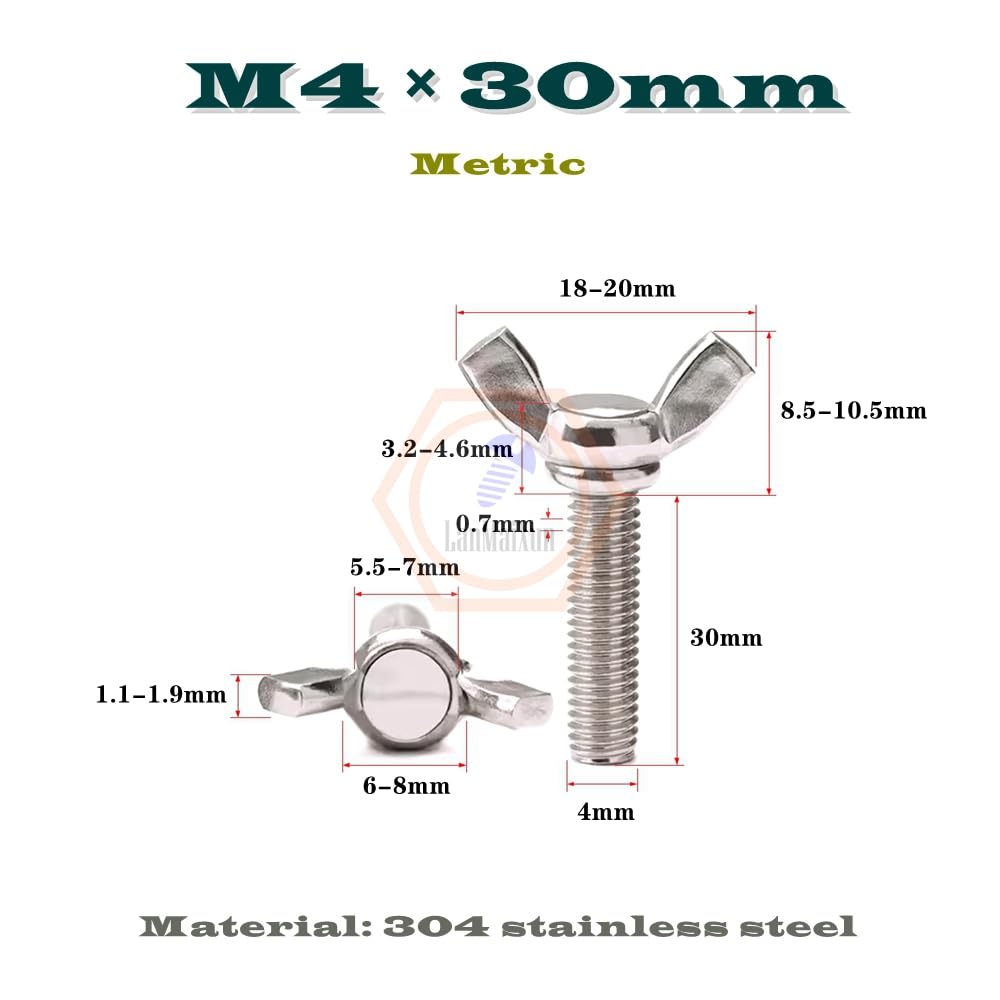 10pcs M4×30mm Metric 304 Stainless Steel Butterfly Wing Screws Thumb Screws