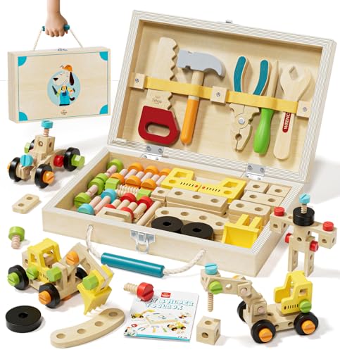 Lehoo Castle Wooden Toddler Tool Set, Construction Tools with Toolbox, Montessori Toys for 2 3 4 Years Old Boy Birthday Gift, STEM Learning Toys for Preschooler, Pretend Play Gifts for Christmas
