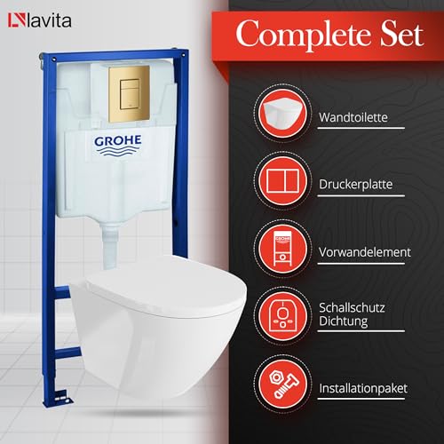 Lavita Vorwandelement Solido + Wand Hänge WC Sofi Weiß Spülrandlos + WC Sitz mit Absenkautomatik Goldener Knopf Komplettset Unterputz Spülkasten Toilette Komplett Sett WC – Bild 4