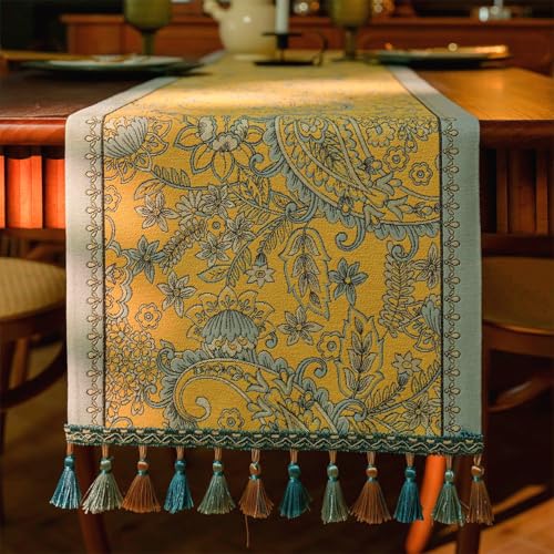 DHRH 13×72 Inch Table Runner, Retro-Luxury Tassels Series for Kitchen Dining Table Holiday Decoration (Yellow Pheonix)