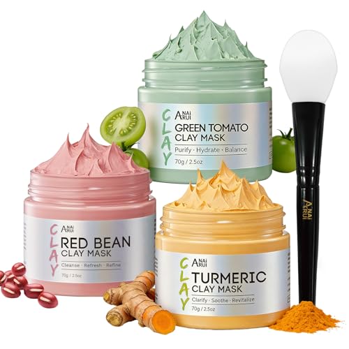 ANAiRUi Set Mascarillas Faciales, Mascarilla Arcilla con Tomate Verde + Cúrcuma + Judías Rojas - Limpieza Profunda, Control de Sebo & Reducción de Poros, 210g