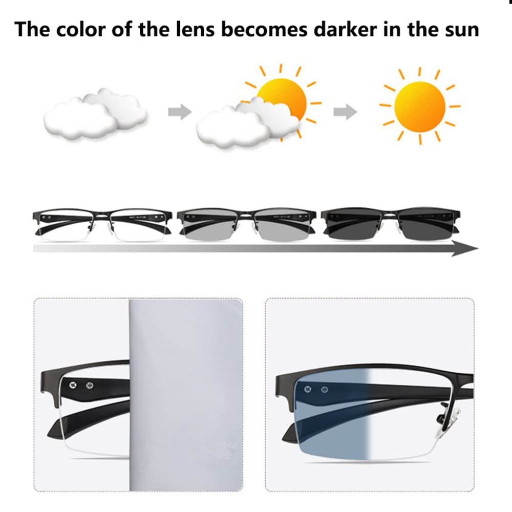 Halbrahmen Lesebrille Herren Progressives Multifokal Lesebrillen Photochrome Sonnenbrille Business-Brille UV400 Anti Glare Asphärische Linse Unisex, Dioptrien +1,0 Bis +3,0 (Size : 3.0 x)