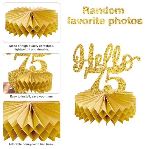 Image of Eucutur 8Pcs 75th Birthday Decorations Honeycomb Centerpieces for Women Men, Black Gold Vintage 1951 75th Bday Photo Table Centerpieces Party Supplies, Glitter Cheers to 75 Year Old Bday Table Topper