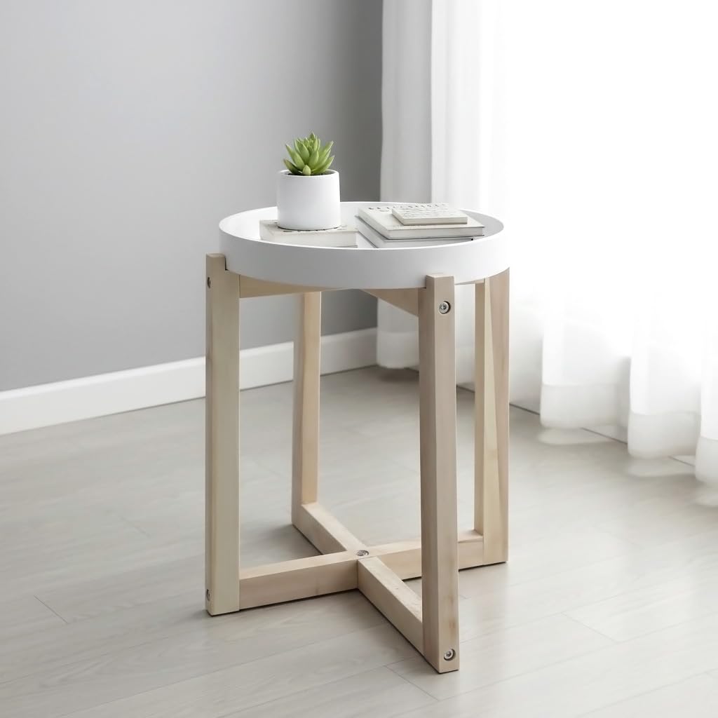 Spetebo Tavolino rotondo in legno con piano del tavolo, design 30 cm, bianco – tavolo decorativo con struttura a X naturale – tavolino da salotto, tavolino decorativo per piante