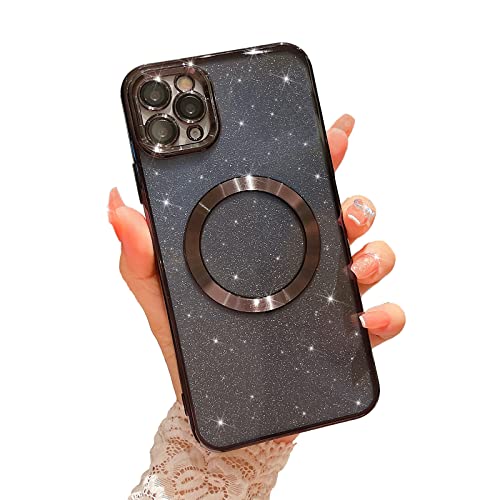 MGQILING Compatible with iPhone 11 Pro Max Magnetic Glitter Case, Luxury Plating Cute Bling Clear Phone Case, Compatible with MagSafe for Women Girls with Camera Protector Back Cover - Black