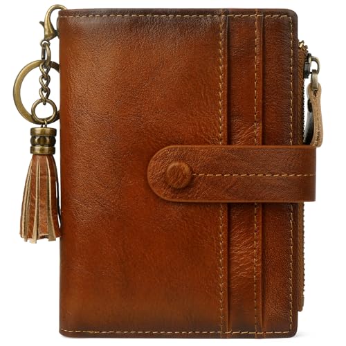 Leather Wallet Women,RFID Blocking Small Wallets for Women Bifold Compact Card Holder With Zipper Coin Pocket Brown