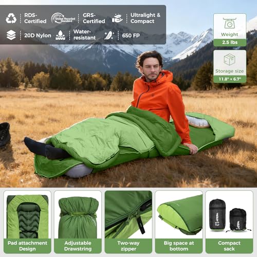 Image of ATEPA Down Sleeping Bag for Adults, Recycled Ultralight 35F 40F 45F 50F 650FP / 700FP 3 Season Compact Sleeping Bags with Compression Sack for Backpacking Camping Hiking, Can Be Attached to Pad
