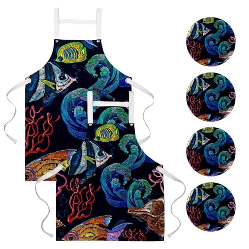 Lot de 2 tabliers de cuisine avec broches corail poisson