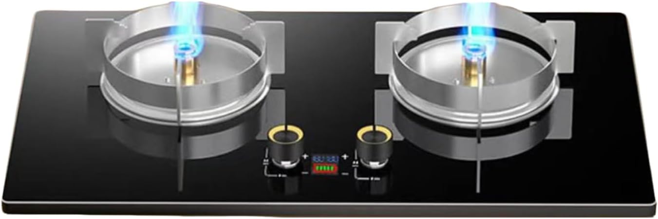 Gas Stove 2 Burners,5.2kw Fire Ring Countertop,180min Bilateral Timer,Round Prevent Skidding Pot Rack,NG/LPG Source Kit,Flameout Protection(LPG)