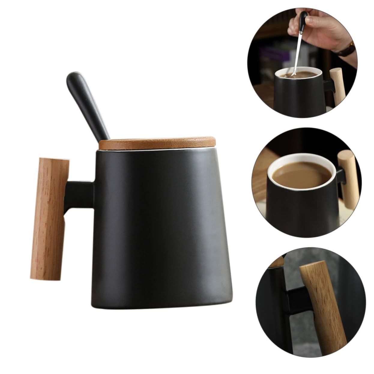 Kaffeebecher mit Flachem Boden Kreative Mehrzweck mit Holzdeckel und Löffel und Kleinem Loch im Deckel 2 Stück aus Keramik Tassen für Paare für Heißgetränke