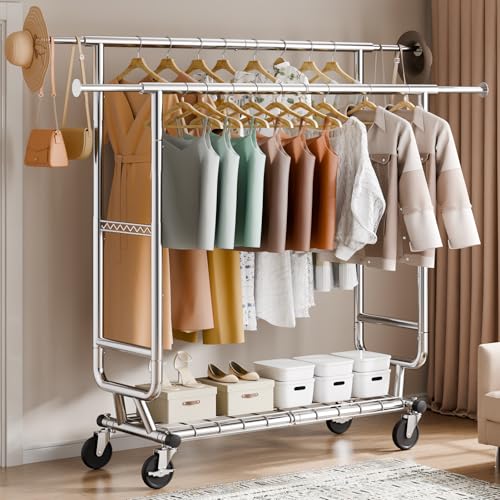 VEVOR Heavy Duty Clothes Rack, Double Hanging Rod Clothing Garment Rack for Hanging Clothes, Adjustable Height and Extendable Length Clothing Rack with Bottom Storage Area, 600 lbs Load Capacity by VEVOR - Image 8