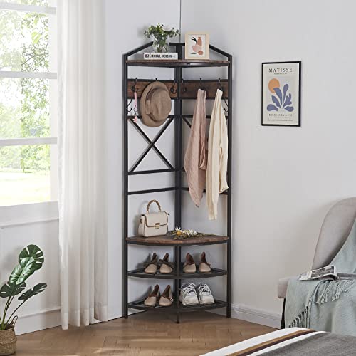 Homissue Vintage Corner Hall Tree With Shoe Bench, Entryway Coat Rack With 6 Double Hooks, Retro Brown #TOP2