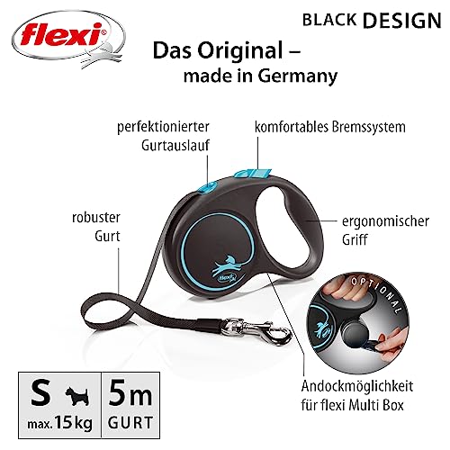flexi® Black Design S Gurt 5 m schwarz/blau, Roll-Leine für Hunde bis 15 kg