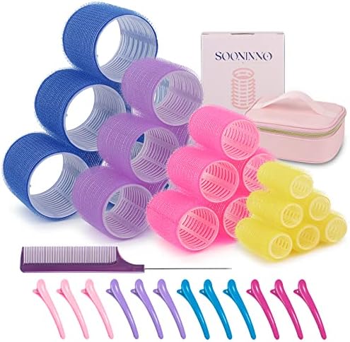 Jumbo Hair Curlers 38 Pcs，Hair Rollers,Hair Rollers with Free Cosmetic Bag - Self Grip Heatless Hair Curlers for Bangs,Long,Medium,Curly,Sooninno Self grip hair roller set