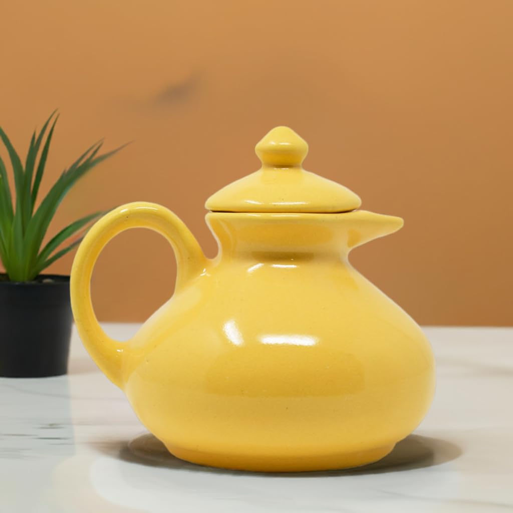 The Himalayan Goods Company Stoneware Ceramic Milk Oil Jug Pourer Dispenser Round, 350ml (Yellow)