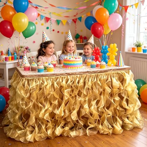 Image of Luxury Organza Mesh Table Skirt Draping Floating Romance - Perfect for Bridal Showers, Birthday Weddings - Clear Flowing Decoration for a Wonderful Main Cake Table (Gold-6ft, 72 inch Lx30 inch H)