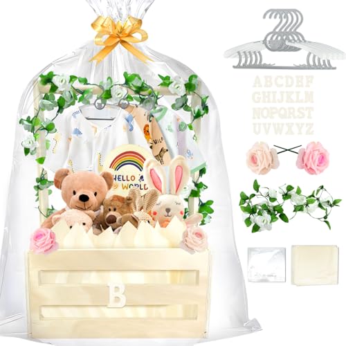 Image of Wooden Baby Shower Crate Closet with Hanger Rack,Baby Baskets,Baby Shower Baskets with Handles & Garland for Newborn Boys Girls,Pregnancy Gifts for New Parents