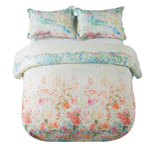 NEWLAKE Quilt Bedspread Sets- Dreamy Flowers Reversible Coverlet Set,Queen Size