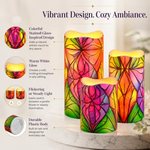 Image of Flameless Candles with Remote Timer, 3 Pack Stained Glass Pattern LED Pillar Candles, 3 inch x 4 /5 /6 inch, Warm White Flickering, Battery Operated for Christmas Wedding Home Decor