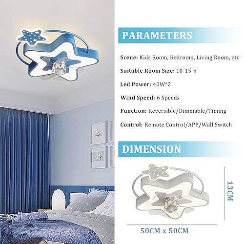 Ventilateur de plafond bleu avec lampe LED variable et télécommande pour chambre - 7