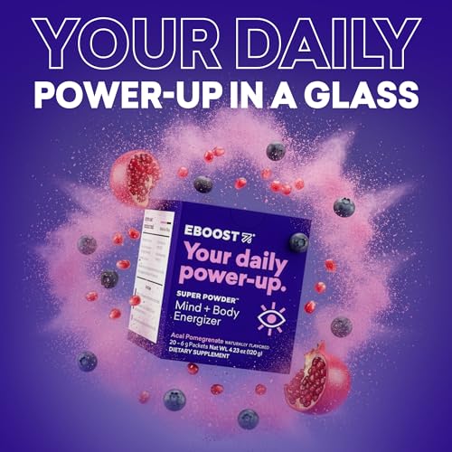 Image of EBOOST SUPER POWDER Drink Mix - Acai Pomegranate 0.2 oz 20 Pack Hydration Energizer Electrolytes Powder - 13 Vitamins & Minerals - 110 mg Caffeine - 0 Added Sugar - No Artificial Flavors or Sweeteners
