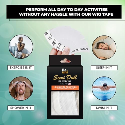 Image of Semi Dull No Shine Tape for Hair Patch - Ultra Hold Wig Tape for Lace Wigs & Toupees | Matte Invisible Finish | Sweatproof Grip | 3-4+ Weeks Hold | 36 Strips for Men & Women