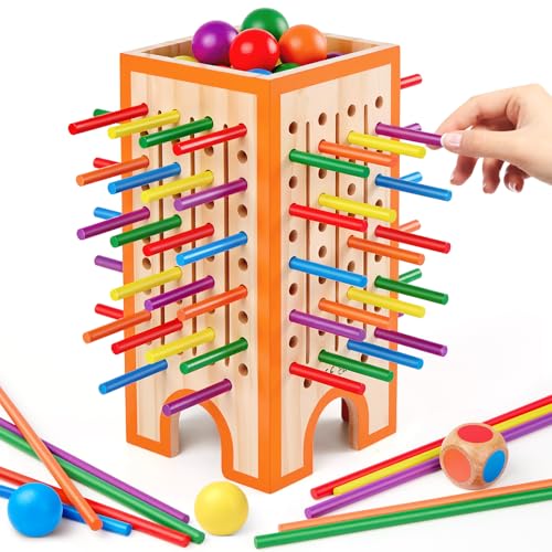 Montessori Spiel Brettspiel aus Holz, 42 Bunte Holzstäbchen & 12 Bälle Kinderspiele ab 3 4 5 6 Jahren, Lernspiel zur Mathematik & Feinmotorik, Familienspiel Reisespiel Kinder Geschenk Jungen Mädchen
