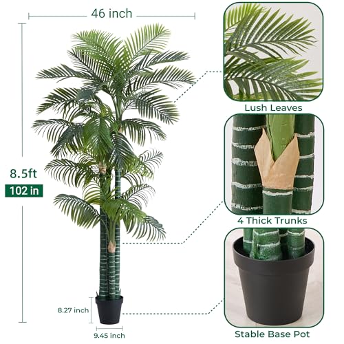 Image of 8.5FT Artificial Golden Cane Palm, 4 Trunks Large Faux Palm Tree | Realistic Foliage, UV Resistant, Indoor /Outdoor Fake Plant in Pot, Tropical Decor for Patio Living Room Office, Easy Setup