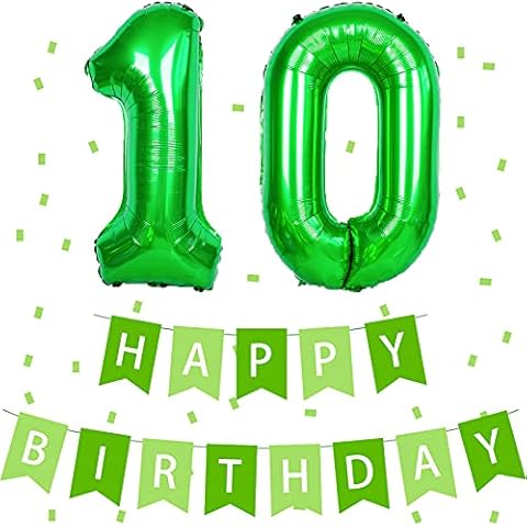 10 Foil Balloons 10th Happy Birthday Banner Banners Bunting Helium Foil Balloons with 32 inch Green Gold Mylar Foil Number Balloons Perfect for Men Women for Mum Dad for Party Decorations Cover