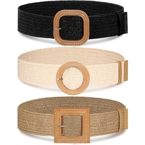 Image of Syhood 3 Pieces Straw Woven Elastic Waist Belt for Women Bohemian Dress Braided Belt