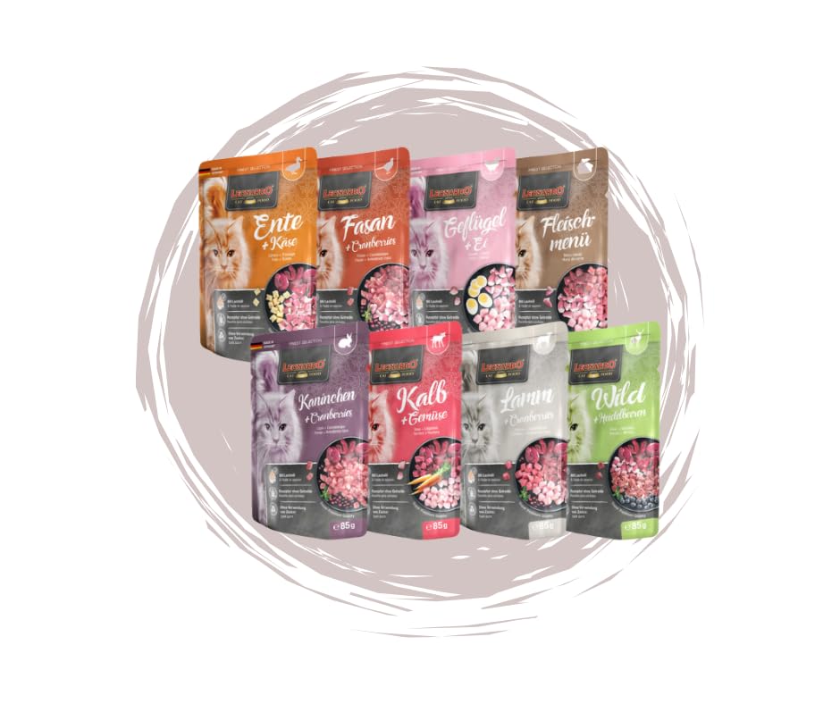 Leonardo Frischebeutel - Katzenfutter - Alleinfuttermittel - 8x85 g Nassfutter Multi Bundle - Sparpaket - Mix Ente, Fasan, Geflügel, Fleischmenü, Kaninchen, Kalb, Lamm, Wild