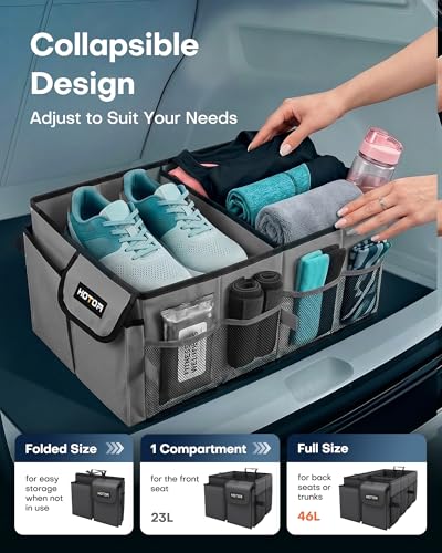 Image of HOTOR Trunk Organizer for Car - Car Organizer, Foldable Trunk organizer for SUVs & Sedans, Sturdy Organization for Car Accessories, Tools, Sundries, Grey, 2 Compartments, 21.3 inchx12.6 inchx10.6 inch