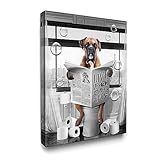 Luslya Funny Boxer Dog Bathroom Wall Art - Cute Dog Sitting in Toilet Reading Newspaper Painting - Black and White Framed Poster for Toilet Decoration 12x16 Inch