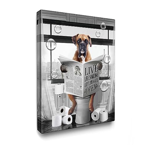 Luslya Funny Boxer Dog Bathroom Wall Art - Cute Dog Sitting in To...