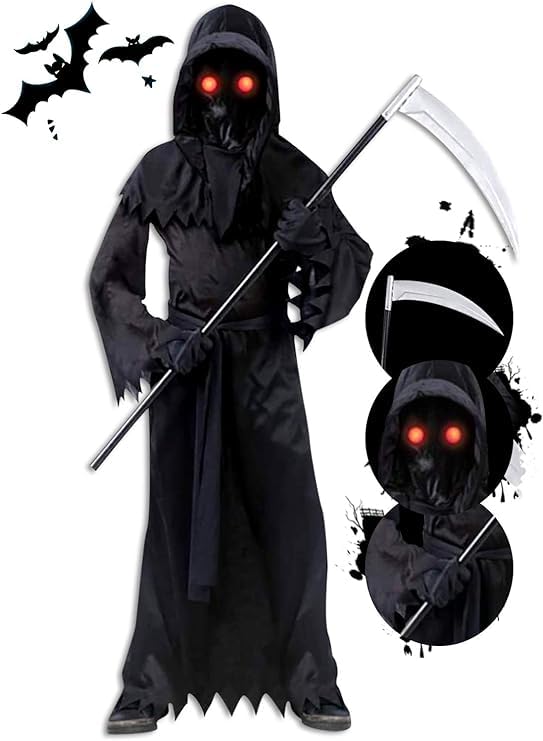 Kids Grim Reaper Halloween Costume with Glowing Red Eyes for Kids, Scythe Included