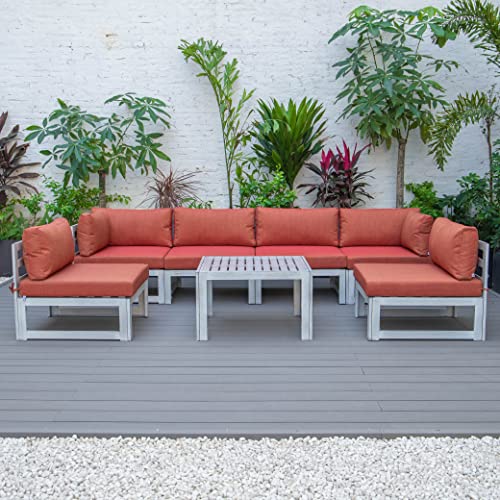 Leisuremod Chelsea 7-Piece Outdoor Patio Conversation Set In Weathered Grey Aluminum With Coffee Table & Cushions, Orange #TOP1
