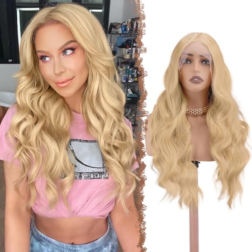 FESHFEN Lace Front Perücke – Lange Lockige Gewellte Kunsthaar Perücken mit 34x11x3 cm HD Lace Perücke für Frauen, Blond 70 cm FESHFEN Lace Front Perücke – Lange Lockige Gewellte Kunsthaar Perücken mit 34x11x3 cm HD Lace Perücke für Frauen, Blond 70 cm