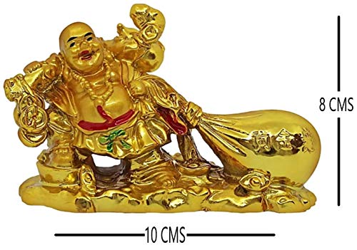 Image of Feng Shui Laughing Buddha Sitting On Dragon Blessing Good Luck Decorative Showpiece for Good Fortune, Success & Prosperity, Budha Showpieces for Home Decor (Buddha with Potli)