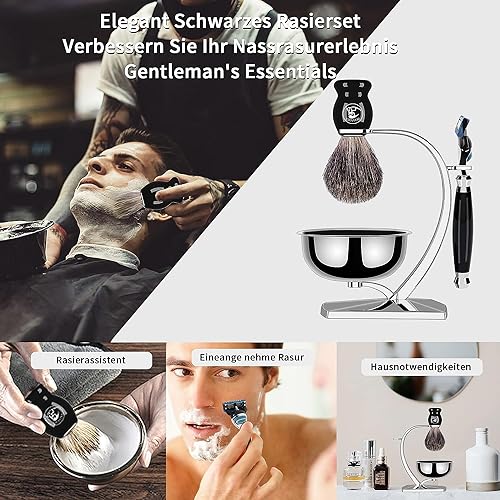 Foto von ERAVOR Rasierset - Schale, Dachshaar-Rasierpinsel, Ständer - Geschenk Rasiersets für Männer, Griff aus schwarzem Edelharz