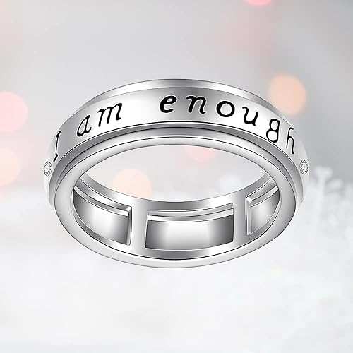 Miniatura 8 de Anillo giratorio para ansiedad de plata de ley con giro de preocupación a juego con la promesa de compromiso I Am Enough Spinner Fidget anillos para
