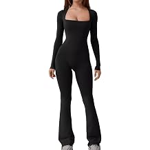 Gym Jumpsuit for Women Long Sleeve Bodycon Bodysuit Seamless Square Neck Flared Wide Leg Yoga Playsuit Slim Fit Casual Full Length Jumpsuits Workout Going Outfits | Flared Wide Leg Yoga Playsuit Black Slim Fit Casual Romper Full Length Seamless Jumpsuits for Women UK Workout Going Outfits