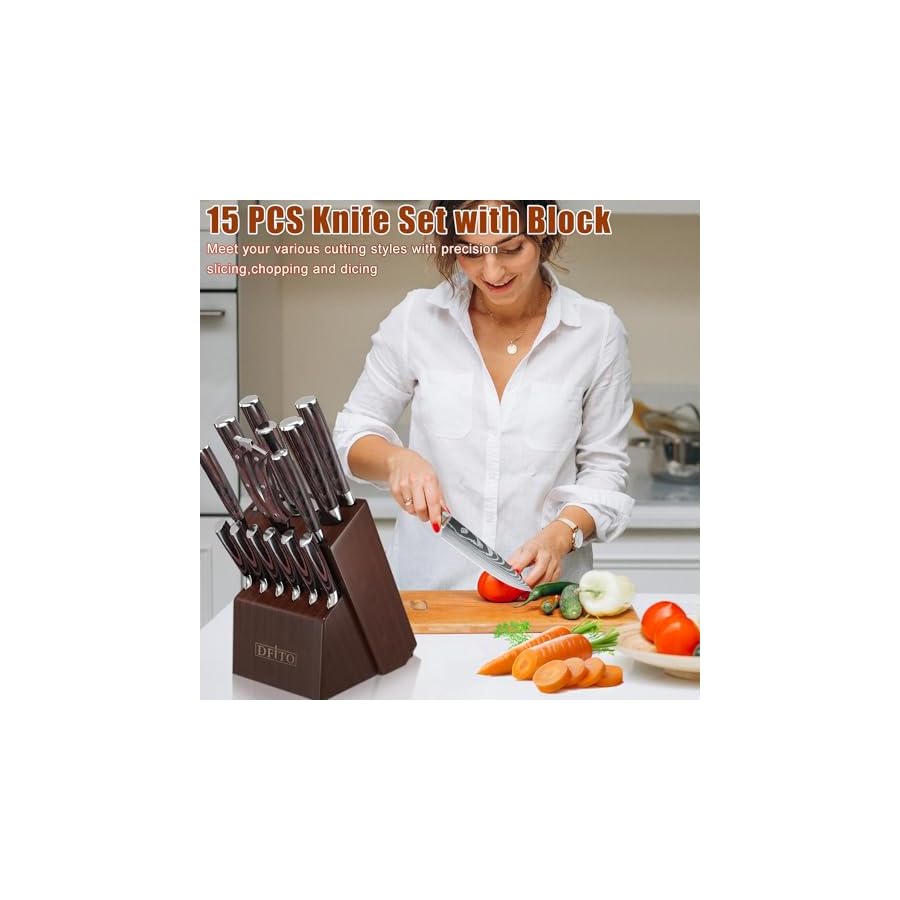 Dfito-Knife-Block-Set-15PCS-Knife-Set-with-Block-and-Sharpener-High-Carbon-Stainless-Steel-Sharp-Blade-Kitchen-Knivies-Set-with-Ergonomic-Handle-Steak-Knives-with-Block-Dishwasher-Safe-Knife-Set Dfito Knife Block Set, 15PCS Knife Set with Block and Sharpener, High Carbon Stainless Steel Sharp Blade Kitchen Knivies Set with Ergonomic Handle, Steak Knives with Block, Dishwasher Safe Knife Set