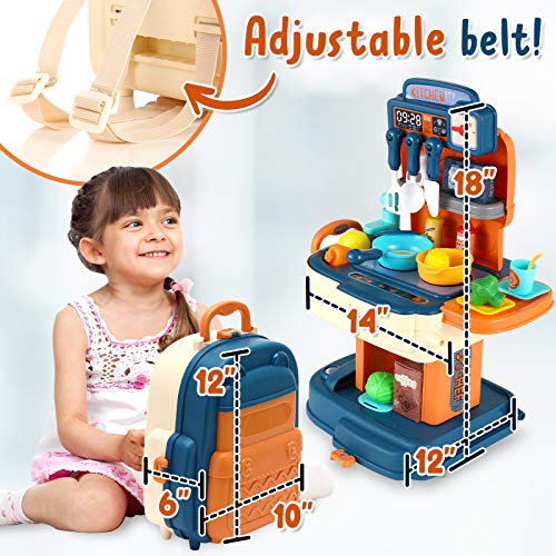 Kids Kitchen Backpack, 34pcs Kids Toys, Pretend Play Kitchen Accessories, Toddler Toy Kitchen Faucet, Play Kitchen Sink, Pretend Food for Play Kitchen, Toddler Girl Toys & Boy Kitchen Set for Kids