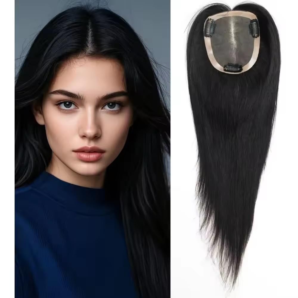 Postizos transpirables de 14 ", Base Mono y PU de 4x5 pulgadas con 3 Clips, adornos de cabello humano for mujeres for cubrir cabello grisáceo o adelgazante(Light brwon)