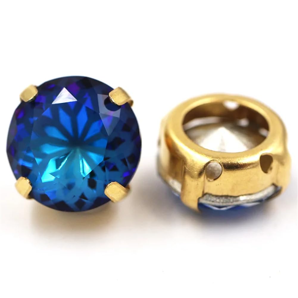 Round Shape Glass Strass Crystal Pointback Rhinestones Gold Claw Setting Sew On Clothing/Dress Blue Light 8mm#10pcs