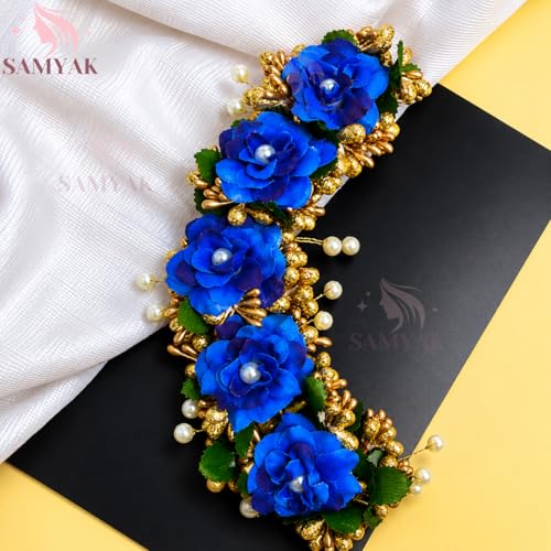 Image of Samyak Beautiful Hair Gajra Garland Handmade Floral Wedding Bridal Bridesmaid Hair Jewellery Bun | Juda Accessory | Tiara | Hair Vine | Hair Accessory | Hair Pin Clips Veni (Dark Blue)