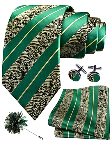 Image of GUSLESON 3.15 inch（8cm） Mens Stripe Tie and Lapel Pin Necktie Hankerchief Cufflinks Set for Men